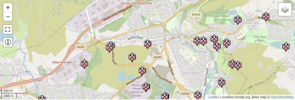 mindat map of historical coal mines in the Rassau area of Wales